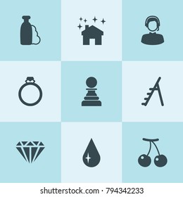 Set of 9 shiny filled icons such as cherry, drop, shampoo, house clean, ladder, customer care, diamond, ring