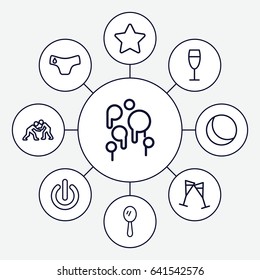 Set of 9 shiny outline icons such as children panties, mirror, wine glass, switch off, blood, judo, sphere