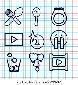 Set of 9 shiny outline icons such as mirror, explosion, fork and spoon, heart balloons, play, trash bin, crying emoji