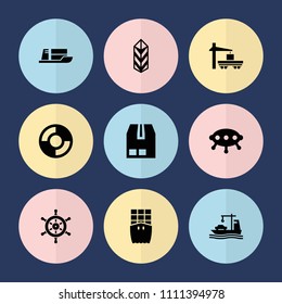 Set of 9 ship filled icons such as cargo, cargo container, lifebuoy, ufo, helm
