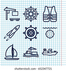 Set of 9 ship outline icons such as helm, cargo truck, cargo ship, life vest, water military, sailboat