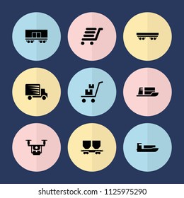 Set of 9 shipment filled icons such as ship, cargo wagon, luggage cart, medical drone
