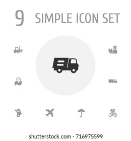Set Of 9 Shipment Icons Set.Collection Of Aircraft, Umbrella, Transportation And Other Elements.