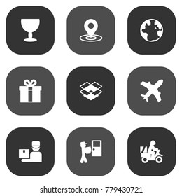 Set Of 9 Shipment Icons Set.Collection Of Aircraft, Deliveryman, Scooter And Other Elements.