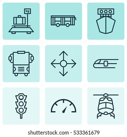 Set Of 9 Shipping Icons. Can Be Used For Web, Mobile, UI And Infographic Design. Includes Elements Such As Road Pointer, Metro, Ship And More.