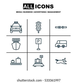 Set Of 9 Shipping Icons. Can Be Used For Web, Mobile, UI And Infographic Design. Includes Elements Such As Roadsign, Baggage, Stoplight And More.