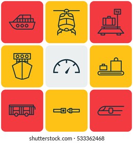 Set Of 9 Shipping Icons. Can Be Used For Web, Mobile, UI And Infographic Design. Includes Elements Such As Vehicle, Metro, Boat And More.