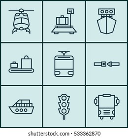 Set Of 9 Shipping Icons. Can Be Used For Web, Mobile, UI And Infographic Design. Includes Elements Such As Baggage Carousel, Plane, Baggage And More.