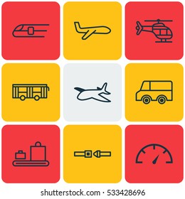 Set Of 9 Shipping Icons. Can Be Used For Web, Mobile, UI And Infographic Design. Includes Elements Such As Metro, Baggage Carousel, Vehicle And More.