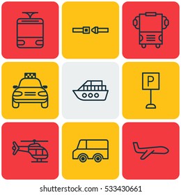 Set Of 9 Shipping Icons. Can Be Used For Web, Mobile, UI And Infographic Design. Includes Elements Such As Lorry, Transport, Safety Belt And More.