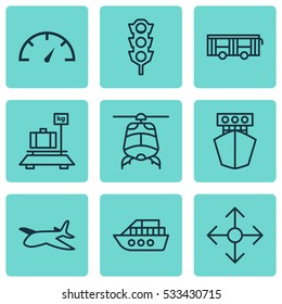 Set Of 9 Shipping Icons. Can Be Used For Web, Mobile, UI And Infographic Design. Includes Elements Such As Speed Checker, Boat, Road Pointer And More.