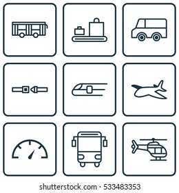 Set Of 9 Shipping Icons. Can Be Used For Web, Mobile, UI And Infographic Design. Includes Elements Such As Metro, Safety Belt, College Transport And More.