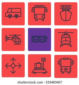 Set Of 9 Shipping Icons. Can Be Used For Web, Mobile, UI And Infographic Design. Includes Elements Such As Plane, Vehicle, College Transport And More.
