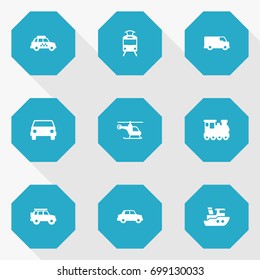 Set Of 9 Shipping Icons Set. Collection Of Car, Caravan, Hatchback And Other Elements.