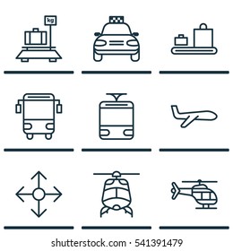 Set Of 9 Shipping Icons. Includes Baggage Carousel, Flight Vehicle, Car Vehicle And Other Symbols. Beautiful Design Elements.