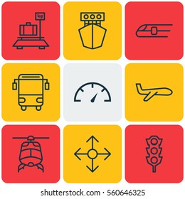 Set Of 9 Shipping Icons. Includes Baggage, Metro, College Transport And Other Symbols. Beautiful Design Elements.