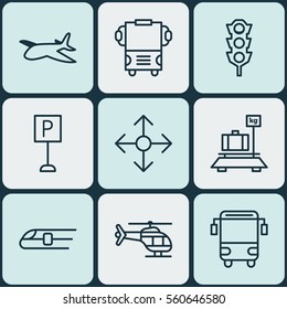 Set Of 9 Shipping Icons. Includes Road Pointer, College Transport, Baggage And Other Symbols. Beautiful Design Elements.