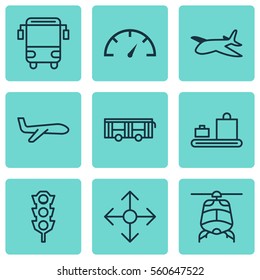 Set Of 9 Shipping Icons. Includes College Transport, Plane, Vehicle And Other Symbols. Beautiful Design Elements.
