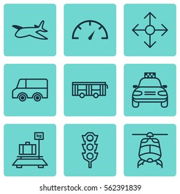 Set Of 9 Shipping Icons. Includes Vehicle, Chopper, Stoplight And Other Symbols. Beautiful Design Elements.