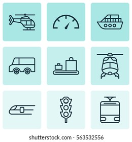 Set Of 9 Shipping Icons. Includes Baggage Carousel, Stoplight, Metro And Other Symbols. Beautiful Design Elements.