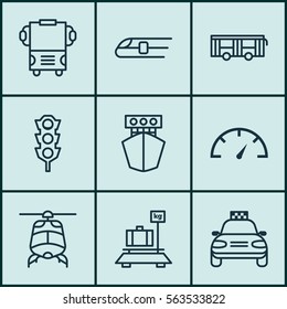 Set Of 9 Shipping Icons. Includes Baggage, Chopper, Metro And Other Symbols. Beautiful Design Elements.