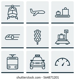 Set Of 9 Shipping Icons. Includes Streetcar, Air Transport, Chopper And Other Symbols. Beautiful Design Elements.