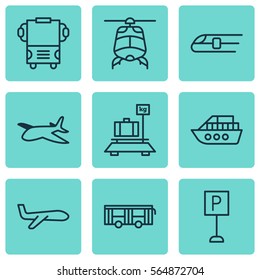 Set Of 9 Shipping Icons. Includes Plane, Metro, Baggage And Other Symbols. Beautiful Design Elements.