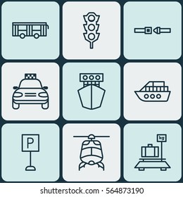 Set Of 9 Shipping Icons. Includes Vehicle, Car Vehicle, Safety Belt And Other Symbols. Beautiful Design Elements.