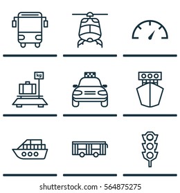 Set Of 9 Shipping Icons. Includes Ship, Vehicle, Car Vehicle And Other Symbols. Beautiful Design Elements.