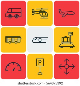 Set Of 9 Shipping Icons. Includes Metro, Air Transport, Vehicle And Other Symbols. Beautiful Design Elements.