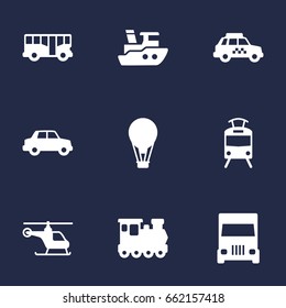 Set Of 9 Shipping Icons Set.Collection Of Autobus, Taxicab, Wagon And Other Elements.