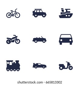 Set Of 9 Shipping Icons Set.Collection Of Hatchback, Scooter, Coupe And Other Elements.