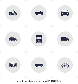 Set Of 9 Shipping Icons Set.Collection Of Truck, Hatchback, Scooter And Other Elements.