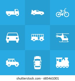 Set Of 9 Shipping Icons Set.Collection Of Hatchback, Lorry, Car And Other Elements.