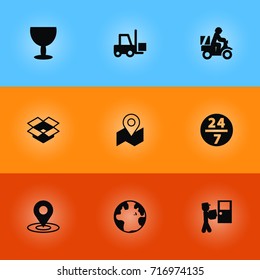 Set Of 9 Shipping Icons Set.Collection Of Pinpoint, Courier, Transportation And Other Elements.