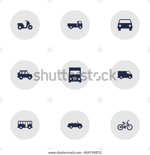 Set Of 9 Shipping Icons Set.Collection Of
Truck, Hatchback, Scooter And Other
Elements.
