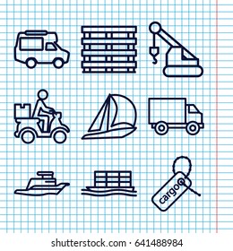 Set of 9 shipping outline icons such as crane, van, cargo box, cargo tag, cargo ship, courier on motorcycle, ship, sailboat