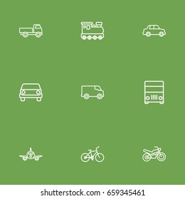 Set Of 9 Shipping Outline Icons Set.Collection Of Train, Airplane, Motorcycle And Other Elements.