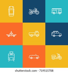 Set Of 9 Shipping Outline Icons Set.Collection Of Bus, Airplane, Motorcycle And Other Elements.