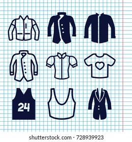 Set of 9 shirt filled and outline icons such as jacket, sport t shirt number 24, sport bra, blouse