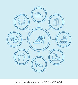 Set of 9 shoe outline icons such as horseshoe, break, high heeled shoe, ice skating, skate roller, trainer, women shoes