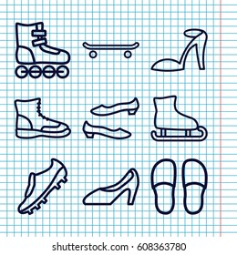 Set of 9 shoe outline icons such as heel sandals, slippers, shoe, woman shoe, soccer trainers, boot, roller skate, skating