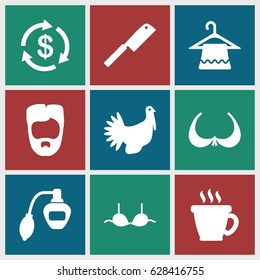 set of 9 shop filled icons such as perfume, coffee, man hairstyle, bra, hanger, Money, turkey