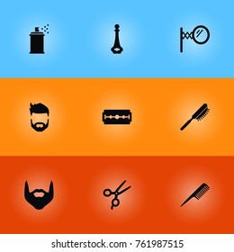 Set Of 9 Shop Icons Set.Collection Of Beard, Hairbrush, Looking-Glass And Other Elements.