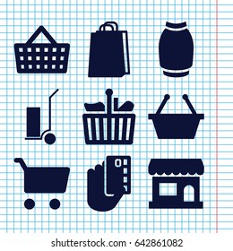 Set of 9 shopping filled icons such as skirt, shopping bag, cart cargo, store