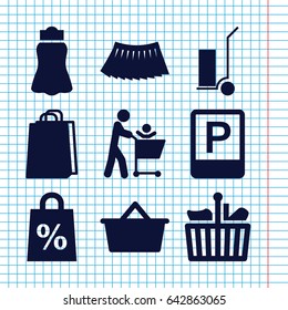 Set of 9 shopping filled icons such as skirt, shopping bag, cart cargo