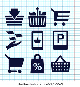 Set of 9 shopping filled icons such as money on hand, parking