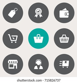 Set Of 9 Shopping Icons Set.Collection Of Cargo, Cart, Label And Other Elements.