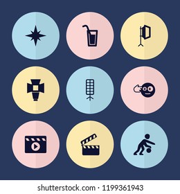 Set of 9 shot filled icons such as head bang emot, soft box, basketball player, explosion, movie clapper