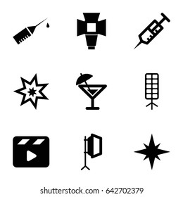 Set of 9 shot filled icons such as syringe, movie clapper, injection rash, soft box, cocktail